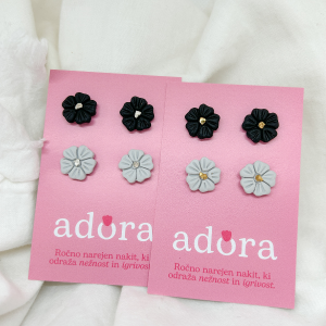 Uhani rožice sive, črne - komplet